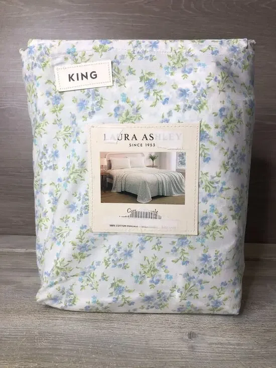 Laura Ashley King Sheet Set Petite Fleur Blue 4pc Cottage Farmhouse Green Shabby