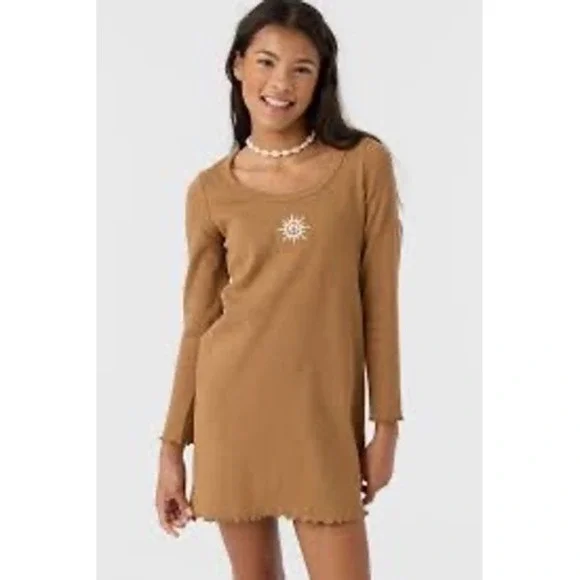 NWT O'Neill Kids XL Long Sleeve‎ Casual Dress Brown Sun Graphic Ribbed Hem Cute