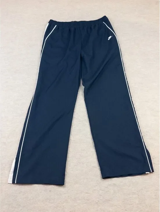 Nike Navy Blue Polyester Track Pants with White Side Stripes, Large