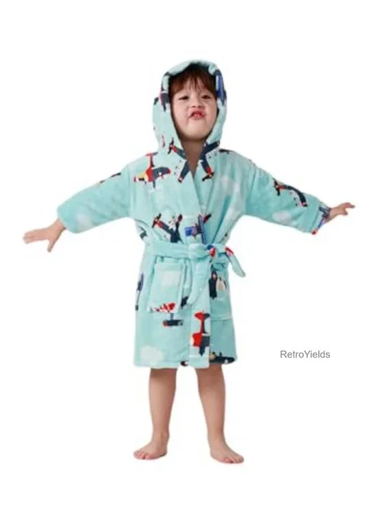 Kids Hooded Bathrobe Flannel Dressing Gown with Pockets Unisex Toddler Robe