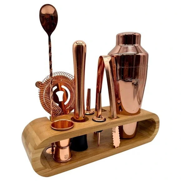 Mixology & Craft Bar‎ Set 10-Piece Rose Gold Cocktail Shaker Kit Bamboo Stand