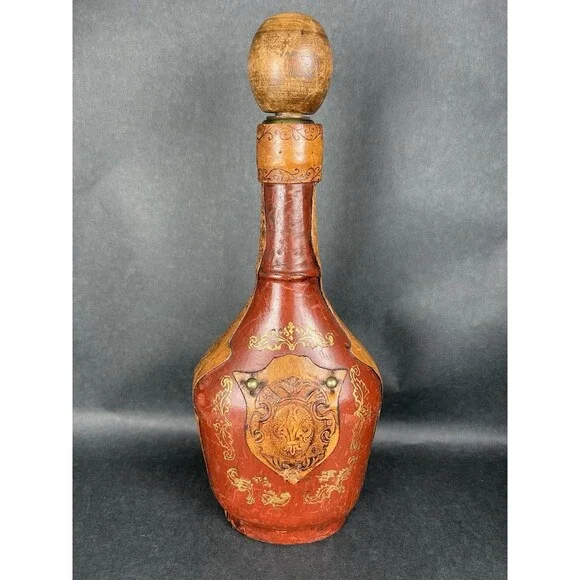 VTG Italian Leather Wrapped Decanter Bottle Fleur-de-lis Shield Crest MCM 13”