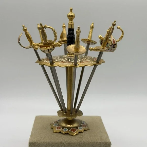 Vintage Toledo Sword Cocktail Toothpick Stand w/ 8 Swords Vintage Gold Spain