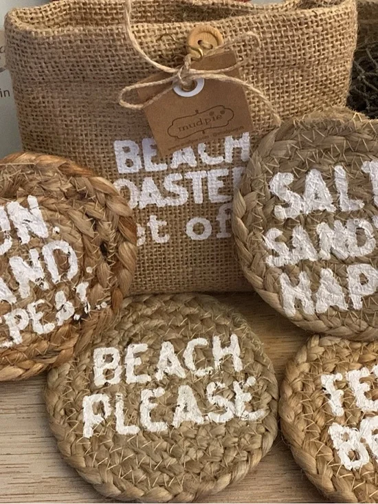 Mud Pie Natural Jute Coaster Set with White Lettering