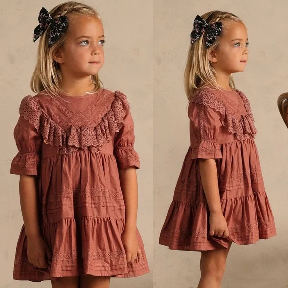 Noralee Genevieve Dress in Poppy Pink Lace Size 2 | Tiered Cotton Kids Girly