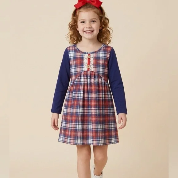 NWT Girls Blue/Red Plaid Dress with Navy Raglan Sleeves Buttons and Lace Detail