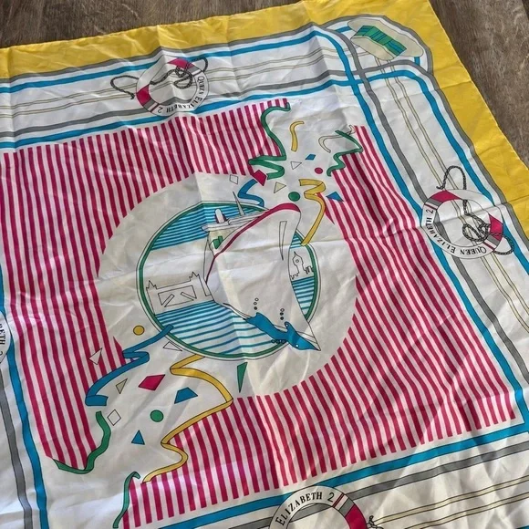 Vintage Country Club Nautical Queen Elizabeth Ship Yellow Pure Silk Scarf