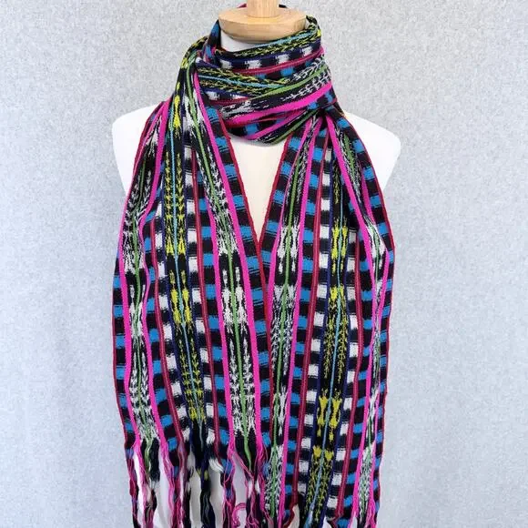 Womens Multicolor Woven Geometric Stripe Scarf Long Fringe Boho Festival Pink