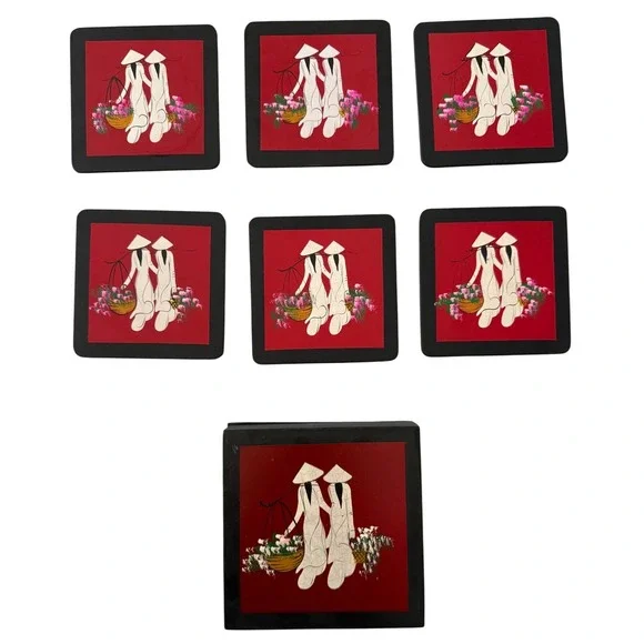 Vintage‎ Vietnamese Lacquer Coaster Set w/ Box – Hand-Painted Áo Dài Art