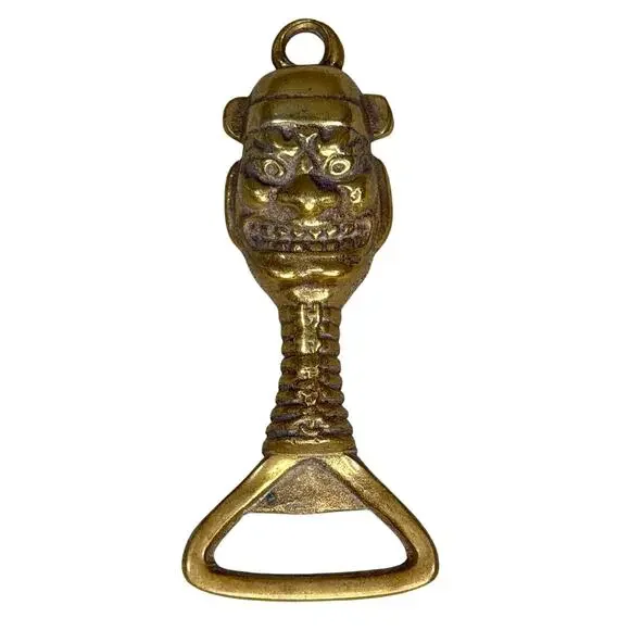 Vintage Brass Tiki Face Bottle Opener | Tribal Folk Art Bar Tool Wall Hanging‎