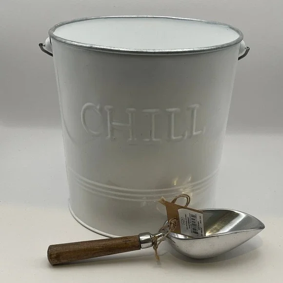 Mud Pie White Enamel Ice Bucket with Scoop Chill Farmhouse Barware 48060091 NEW