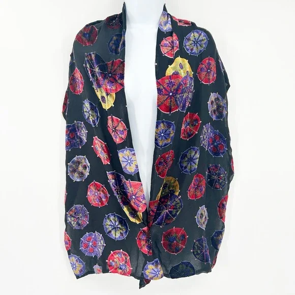 Chicos Womens Silk Velvet Burnout Beaded Parasol Boho Art to Wear Scarf Wrap OS