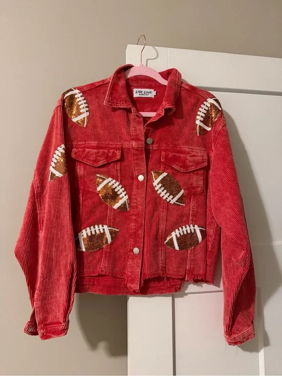 Live Love Red Corduroy Jean Jacket with Football Appliqués