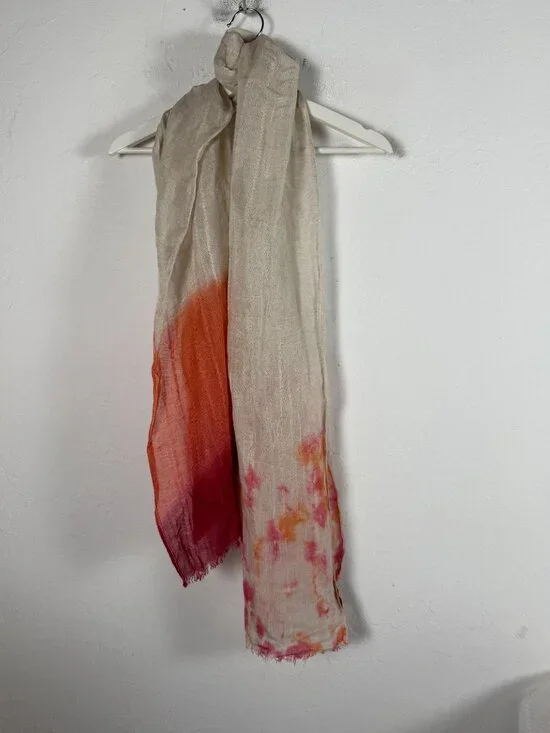 Nalini Linen Blend Scarf Ombre Rust Burgundy Tie-Dye 74x18 Fringe Trim Boho
