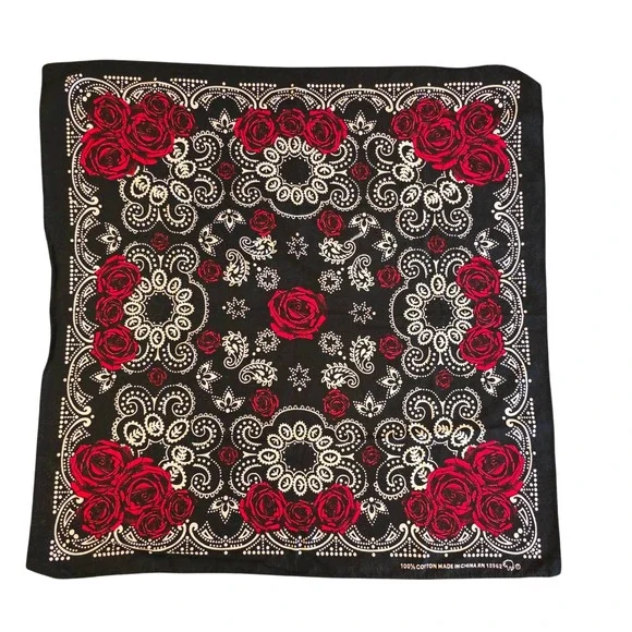 Vintage Hav-A-Hank Elephant Brand Black Red Rose Paisley Bandana RN 13962 Goth