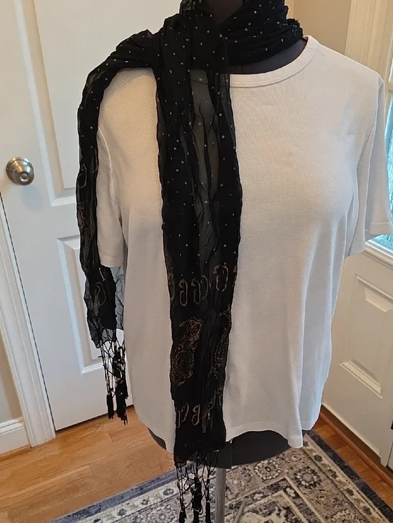 Black Polka Dot Fringe Scarf with Gold Accent - Unbranded