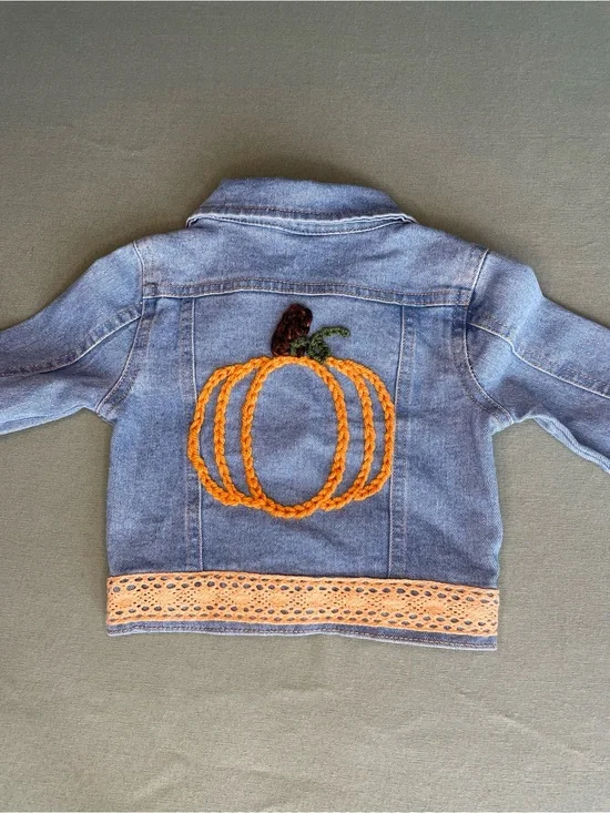 Upcycled Kids Fall Denim Jacket with Orange Pumpkin