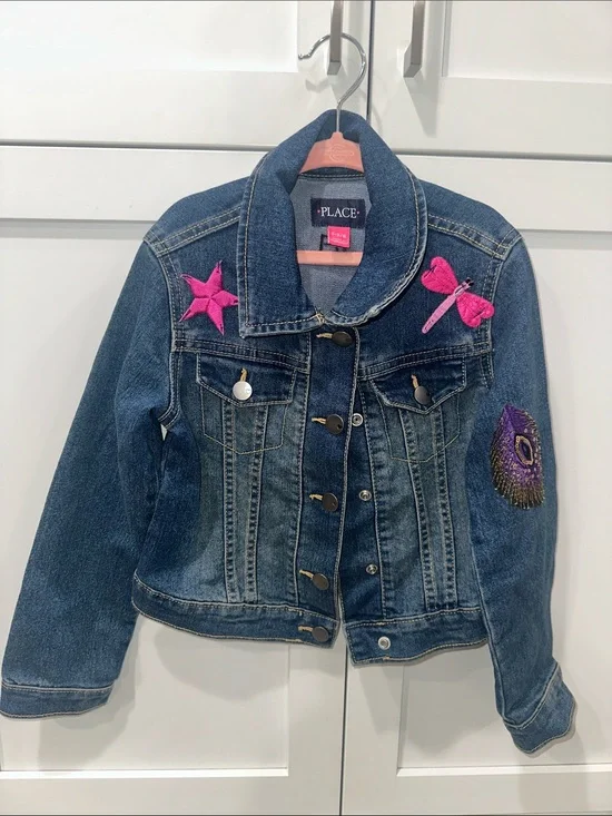 The Children's Place Girls' Dark Blue Denim Jacket with Pink Embroidered Accents