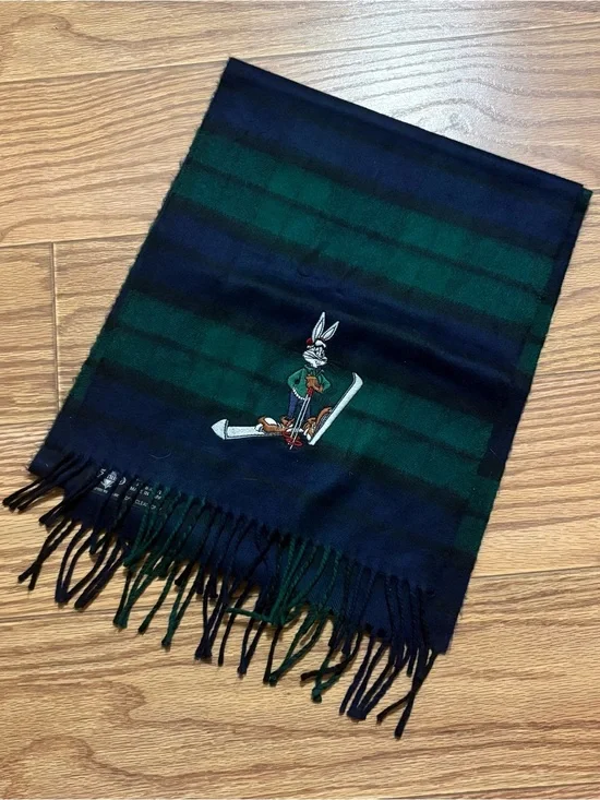 Vintage Looney Tunes 1993 Bugs Bunny Plaid Flannel Scarf