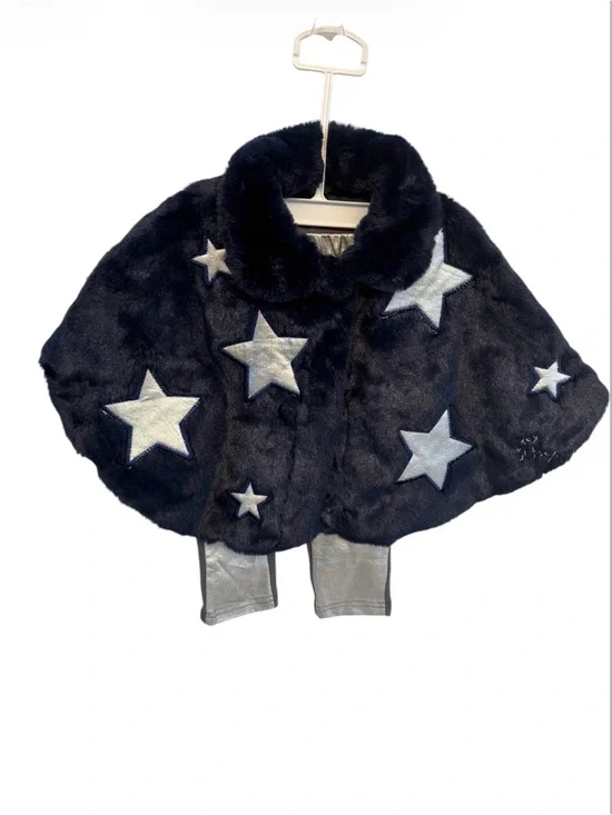 Betsy Johnson Girls' Navy Faux Fur Star Cape Jacket and Pants, Size 12M