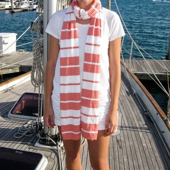 Peach/White Gingerbread Scandi Girl Striped Knit Long Scarf
