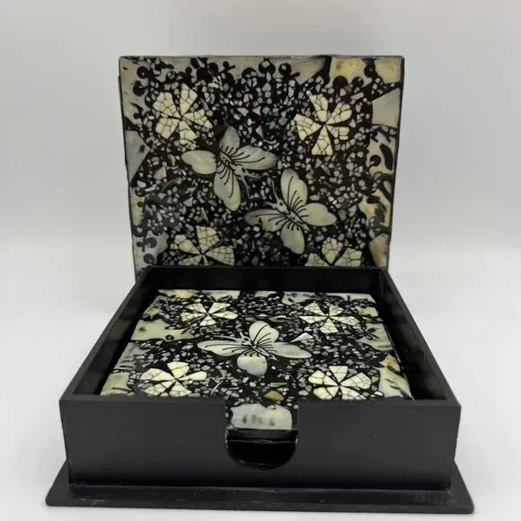 VNTG Lacquer Inlaid Mother of Pearl set of 4 Abalone Coaster Set & box - Korean