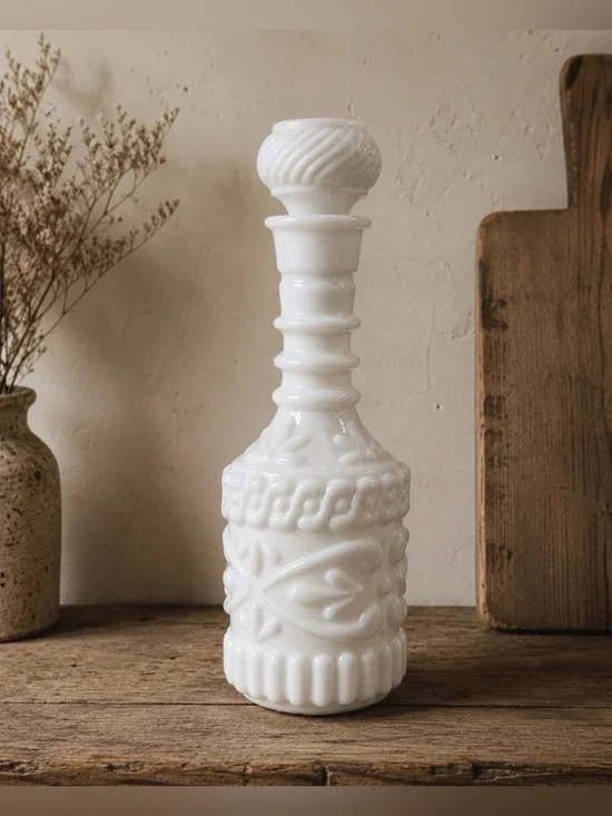 Vintage Milk Glass Cruet Decanter Bottle w Stopper PAT 1908 11.5” White