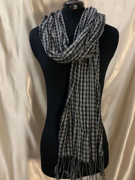 Black Gray Checkered Gingham Plaid Scarf Silver Metallic Stripe Fringe Emo