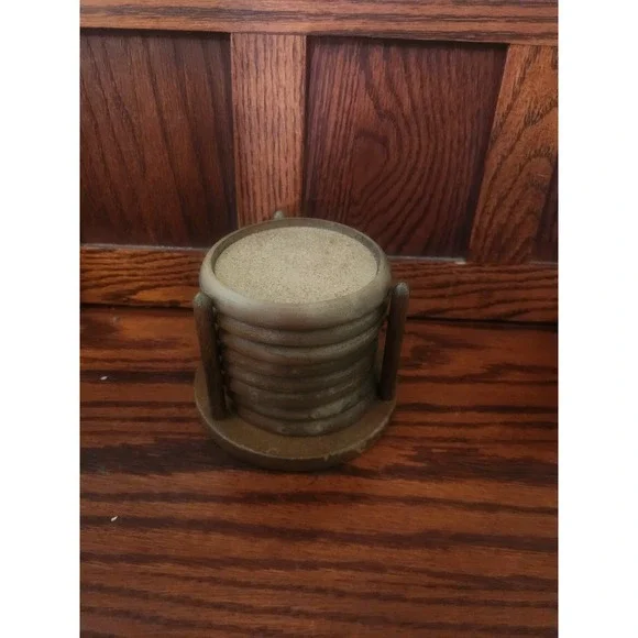 Set of 8 Vintage Wooden Coasters with Container Holder Kitchy Farmhouse‎