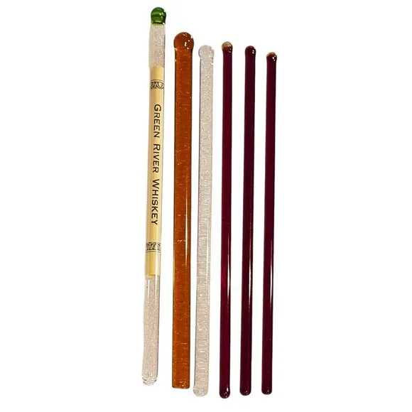MCM Glass Swizzle Sticks Cocktail Stirrers Green River Whiskey Set 6 Amber‎ Red