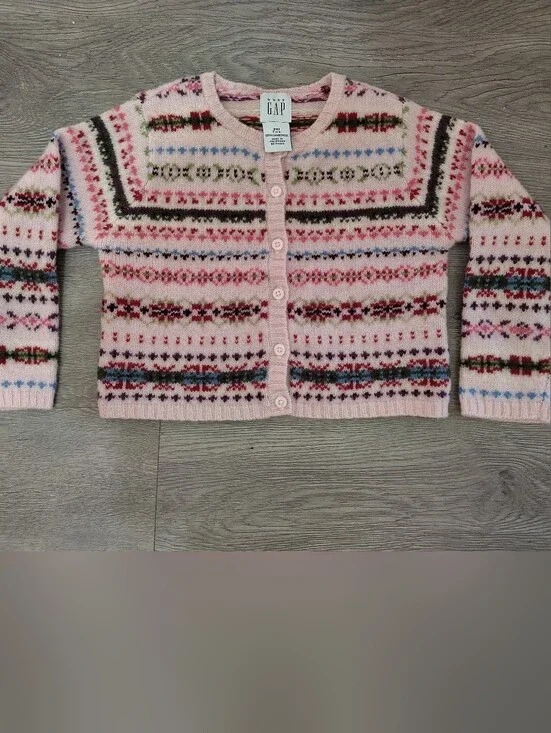 VTG 2000 Baby Gap Girls Size 2T Pink 100% Lambswool Fair Isle Cardigan Sweater