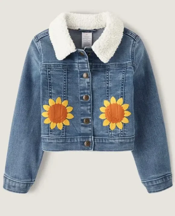Gymboree Long Sleeve Appliqué Sunflower Girl’s Denim jean Jacket Size 7 sherpa