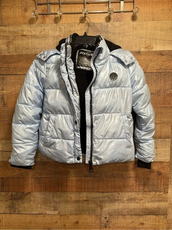 Justice Girls Puffer Coat Size 7/8 Shiny Blue Sherpa Lined Hooded Jacket K020