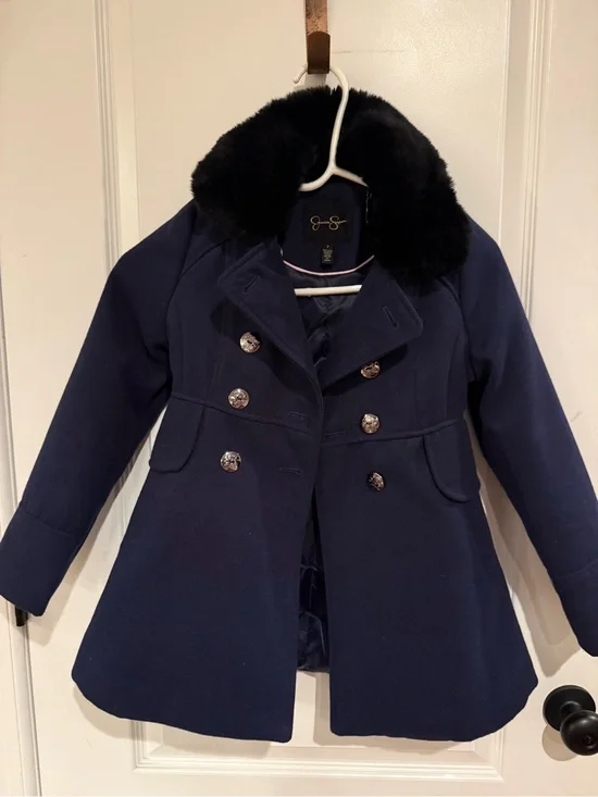 Jessica Simpson Navy Pea Coat with Black Faux-Fur Collar