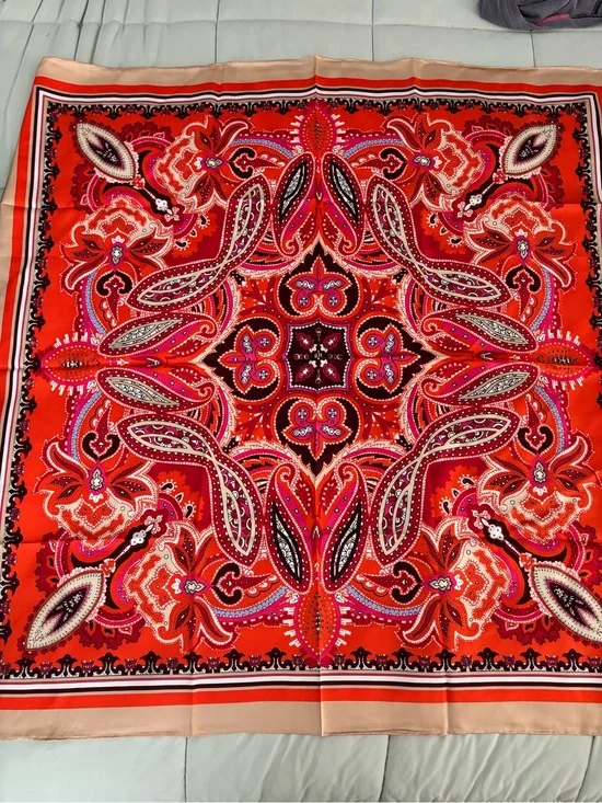 Chico's Red Paisley 100% Silk Square Scarf with Cream Border