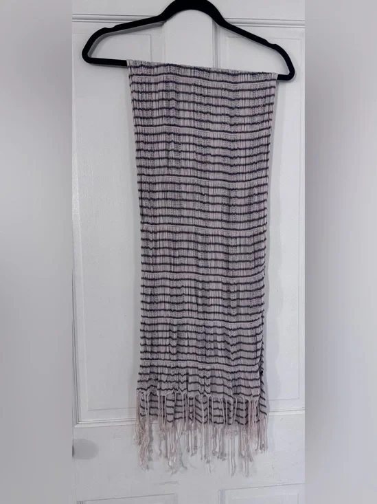 Cream and Navy Blue Striped Textured Women's Fringe Scarf