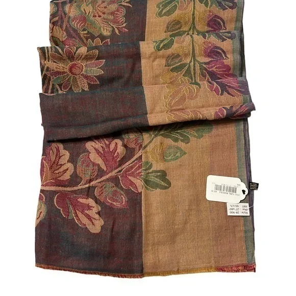 NWT Vintage Floral /leaves wool stole in gold, green & purple, lighter weight