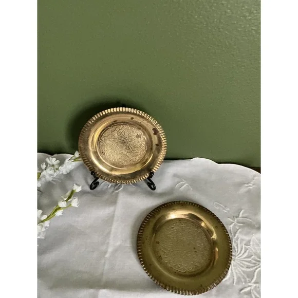 Vintage Etched Brass Candle Coasters Set of 2 Celtic Knot‎ Small Trinket Dishes