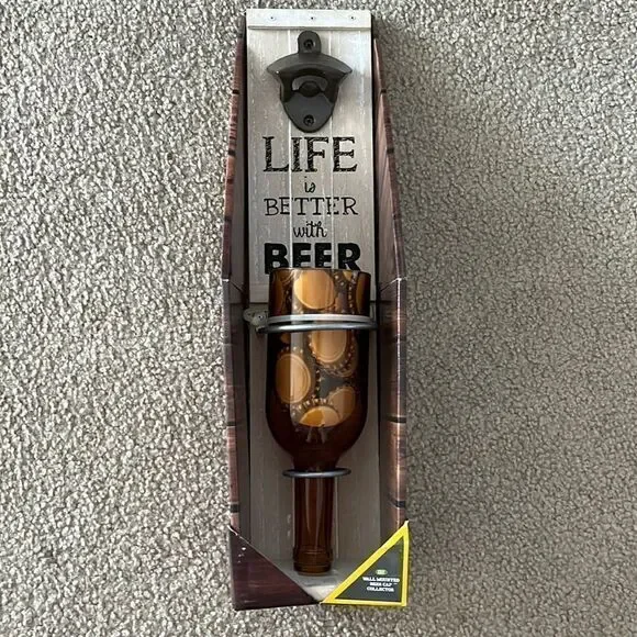 Wall Mounted Beer Cap Collector with Upside Down Glass Bottle and Cap Opener