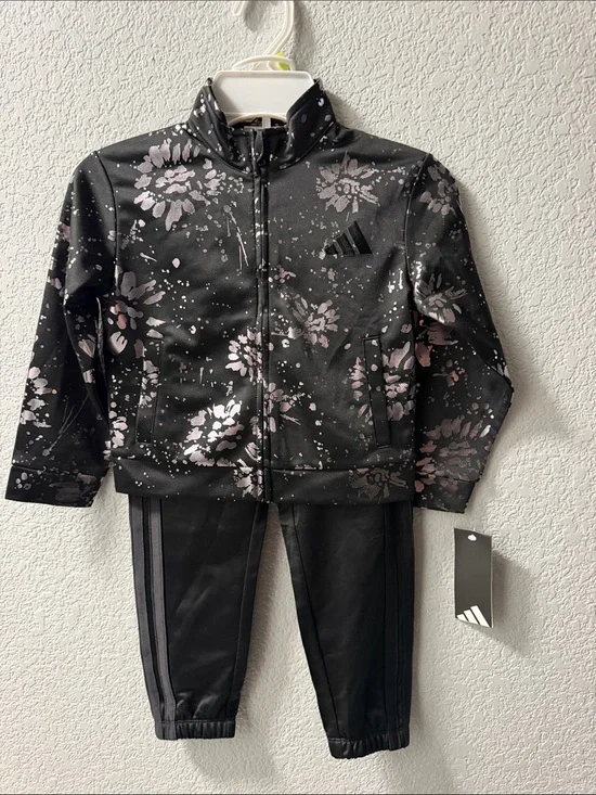 adidas Black Jacket & Pants Set with Light Pink Floral Print