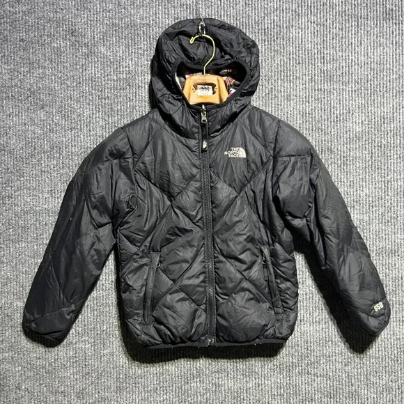 The North Face Reversible Puffer Jacket Girls S 7/8 Black Plaid 550 Down Hooded