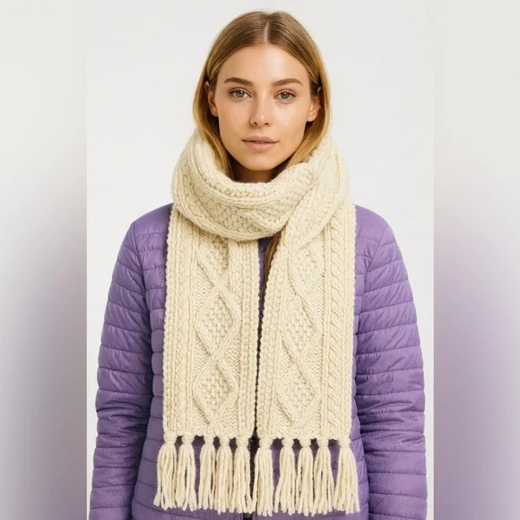 Kennedy of Ardara Handknitted Cream Wool Knit‎ Fisherman Scarf with Fringe OS