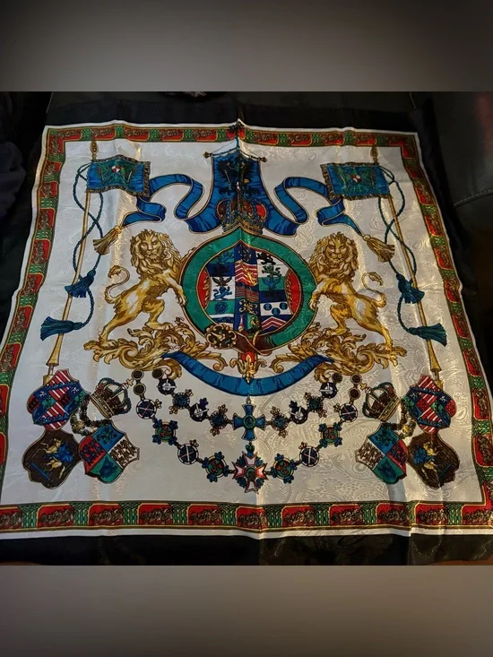 Regal Crest Silk-Effect Scarf in Blue, Gold & Green