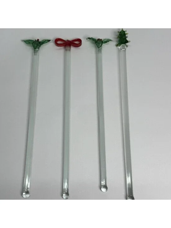 Lillian Vernon Swizzle Sticks Christmas Glass Drink Stirrers Green Red Vintage