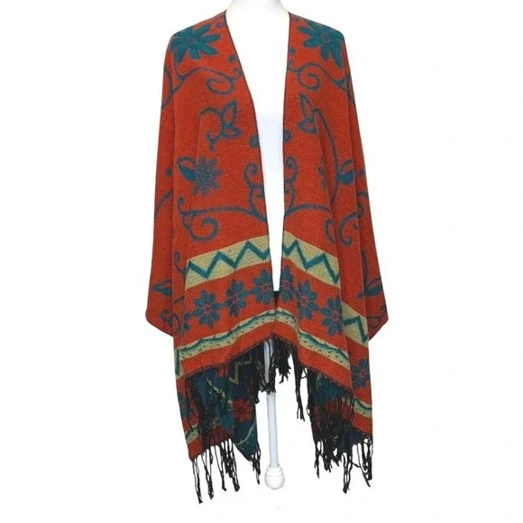 Womens Embroidered Shawl Wrap Poncho One Size Floral Reversible Fringe