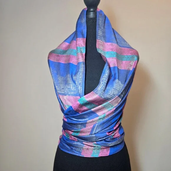 Unbranded Silk Shawl Women OS Blue Pink Excellent Angkor Wat Cambodia Scarf Wrap