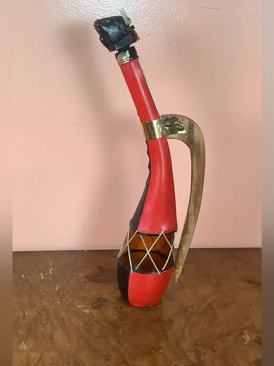 Red Black Leather-Wrapped Glass Decanter, Bull Head Stopper & Wood Handle 18”