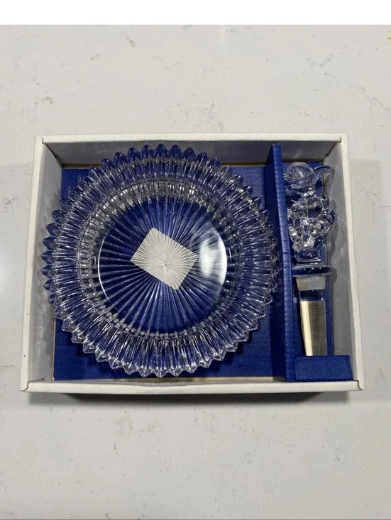 Vintage Mikasa Diamond Fire Crystal Coaster & Grape Bottle Champagne/Wine Set