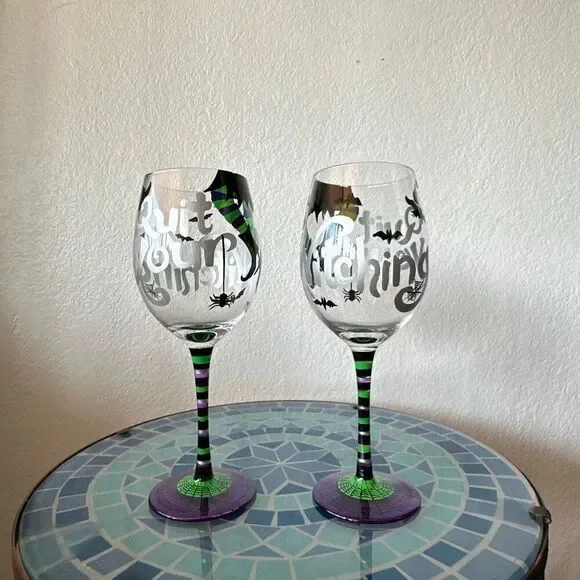 Set of 2 quit your witching Hand painted wine glasses Halloween