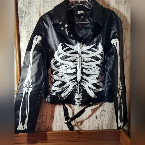 Spirit Black Skeleton Kids Jacket Halloween Big Boys Like New Costume Biker